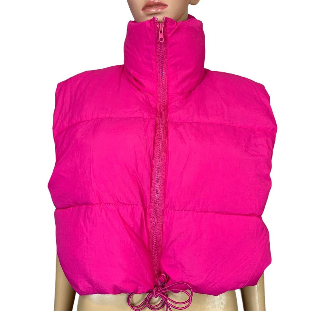 Women Light Vest Large Magenta-Pink Full Zipper Turtleneck Waist Drawstring